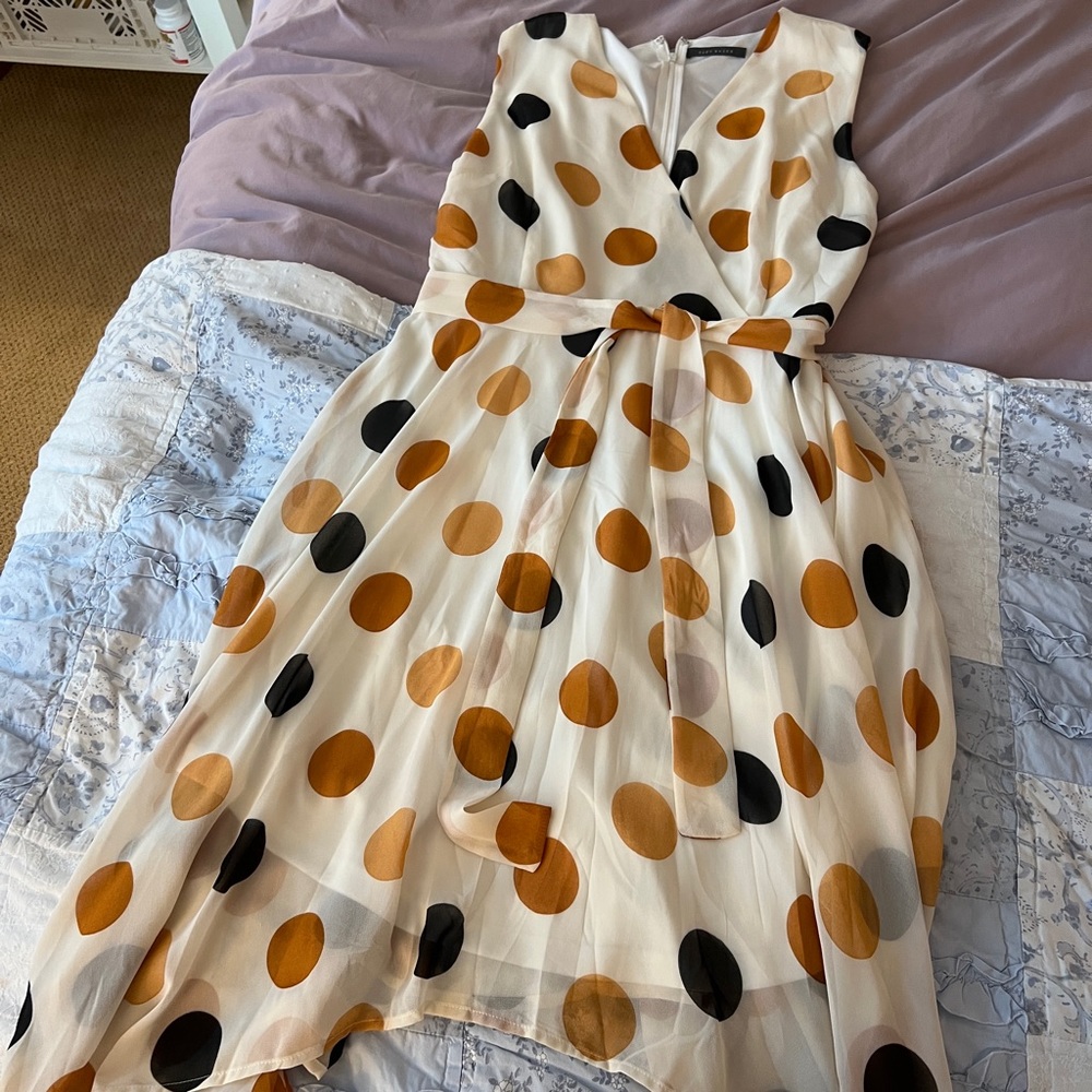 Suzy Shier White Dress with Mustard and Black Polka Dots